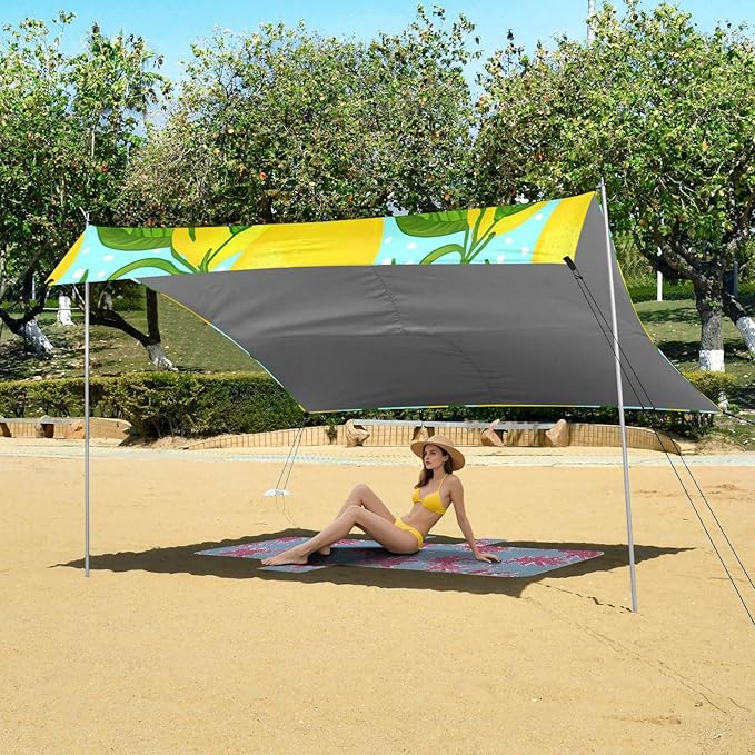 Beach Canopy with Windproof Ropes &amp Sandbags Beach Tent Sun Shade Sun Shelter for Camping Trips Fishing Backyard Fun or Picnics Lemon