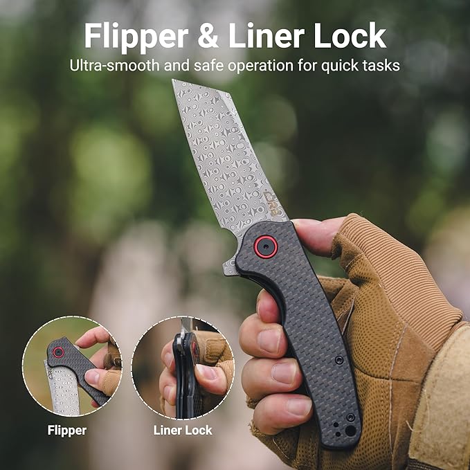 CJRB Damascus Pocket Knife for Men 3.43 Folding Knife with Carbon Fiber Handle Pocket Clip &amp Flipper Opener for Camping Hiking EDC (J1904)
