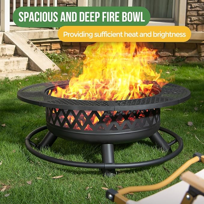 36 Inch Fire Pit with GrillWood Burning Fire Pits for Outside with Lid&amp Fire PokerRound Metal Firepit Table 3 in 1 with Cooking GrateOutdoor Firepits for Yard Patio Bonfire Camping(Black)