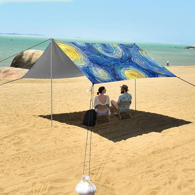 Masterpiece Starry Night Oil Painting6 Beach Tent &amp Canopy UPF50+ Water-Resistant Large Sun Shelter with Sand Shovel for Family Trips Picnics &amp Camping