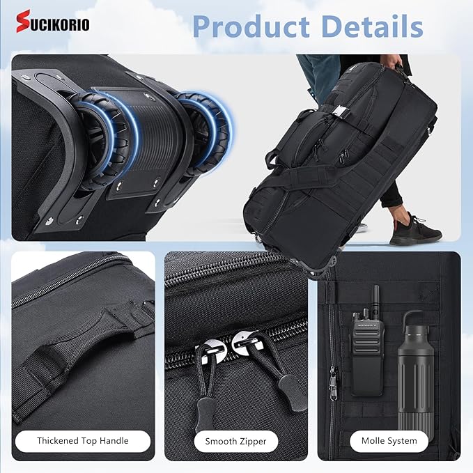 Tactical Travel Duffle Bag with Wheels and Handle 3 in 1 Large 85L XL Rolling Travelling Backpack Waterproof Oxford Carry On Hand Luggage Deployment Bags with Combination Padlock Grey