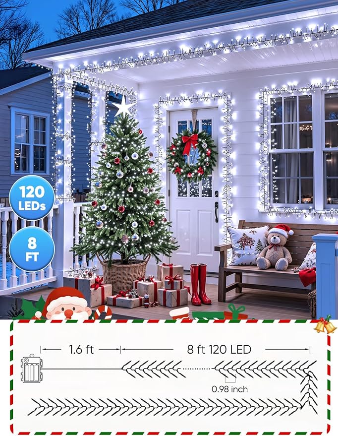 Minetom Christmas Cluster Battery Operated Outdoor Lights 4 Pack 10Ft 120 LED Firecracker String Waterproof Twinkle for Wreath Xmas Tree Decorations Cool White