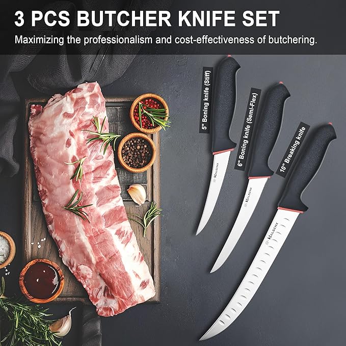 3PCS Butcher Knife Set with Non-Slip SoftGrip Professional Meat Cutting &amp Deboning Kit 5 Stiff Boning 6 Semi-Flex Curved Boning &amp 10 Breaking Knife
