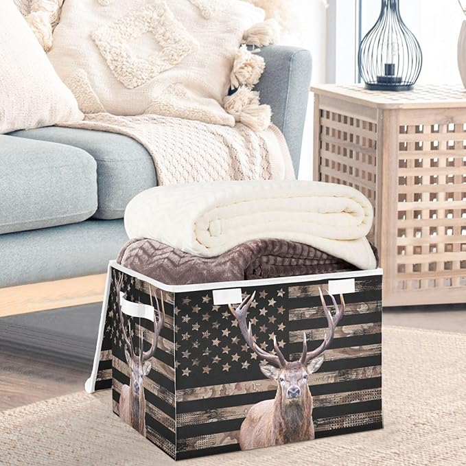 CaTaKu Deer Hunting Storage Bins with Lids Fabric Large Storage Container Cube Basket with Handle American Flag Decorative Storage Boxes for Organizing Clothes Shelves