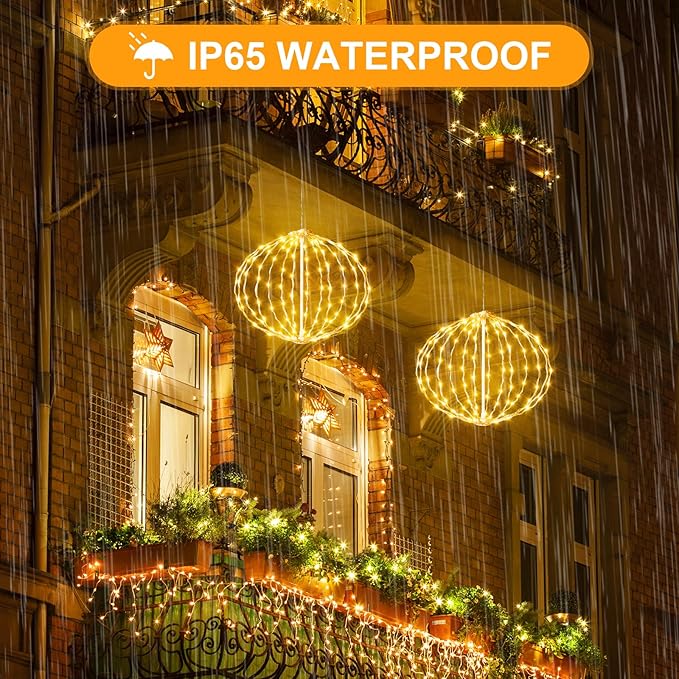 AGOTD Christmas Outdoor Decorations Ball Lights - 12 Inch Connectable Hanging Tree Globe Lights with 8 Lighting Modes Timing Function Waterproof Indoor Outdoor (Warm White 2pcs)