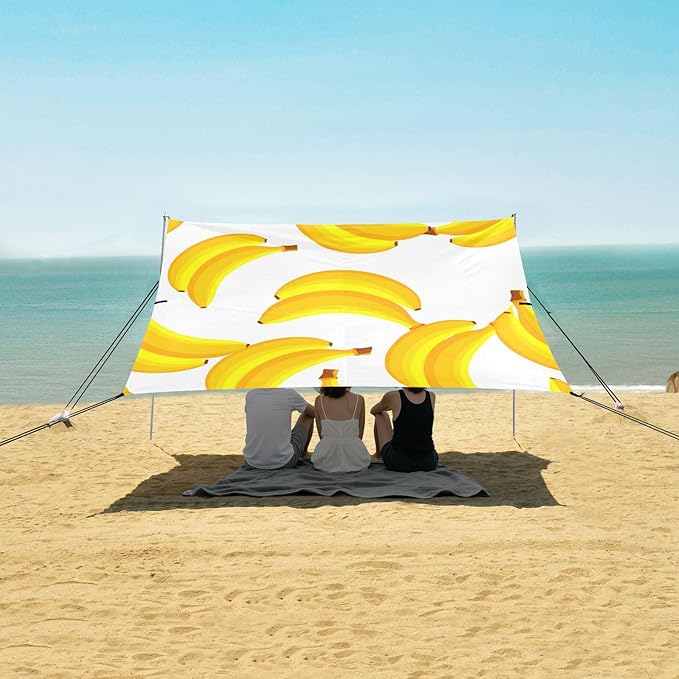 xigua Banana Beach Tent Sun Shelter with Carrying Bag - Silver Coated Oxford Fabric Beach Canopy for Beach Camping Fishing - Includes Windproof Ropes Sandbags &amp Stakes