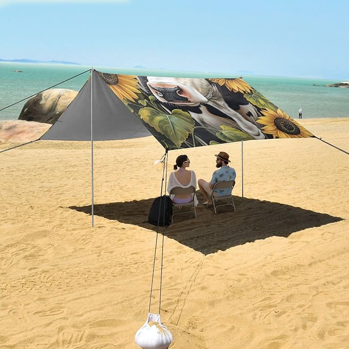 ALAZA Cow and Sunflower Beach Tent Sun Shelter UPF50+ Protection Beach Shade Canopy w/ 4 Sandbags for Outdoor Camping Fishing Backyard Fun Picnic 10x9 ft