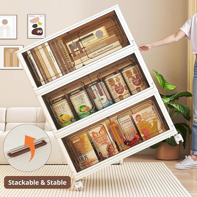 Stackable Storage Bins with Magnetic Doors &amp Top Lid Foldable Rolling Storage Cabinet with Wheels Collapsible Plastic Closet Organizer Tower for Clothes Shoes Blankets Bedroom&ampDorm (5 Tier)