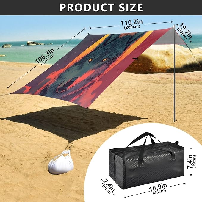 Sunset Wolf Beach Tent Sun Shelter Set UPF50+ UV Protection 10.5 x 9.19 FT Camping Shade Canopy with Sandbags Sand Anchors Carrying Bag and Others