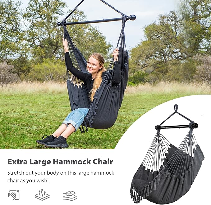 SUNCREAT Hammock Chairs Hammock Chair Swing with Steel Support Bar Side Pocket Large Swing Chair for Bedroom Patio Garden Dark Gray