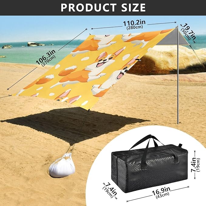 ALAZA Yellow Corgi Dogs Pattern Beach Tent Sun Shelter Portable Canopy Sunshade for Outdoor Camping Picnics Backyard Fun 10x9 ft