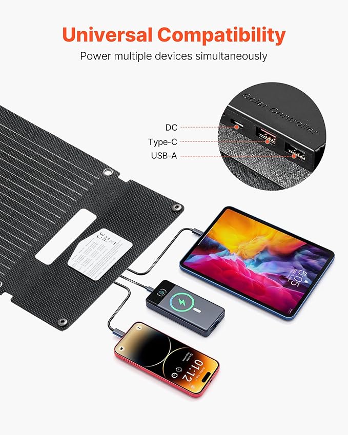 VEVOR 30W Foldable Solar Panel Charger 16BB N-Type Monocrystalline Solar Panel 24% Efficiency Ultra-Light Portable with USB-A USB-A (QC3.0) &amp Type-C Ports for Camping Backpacking Phones Tabl