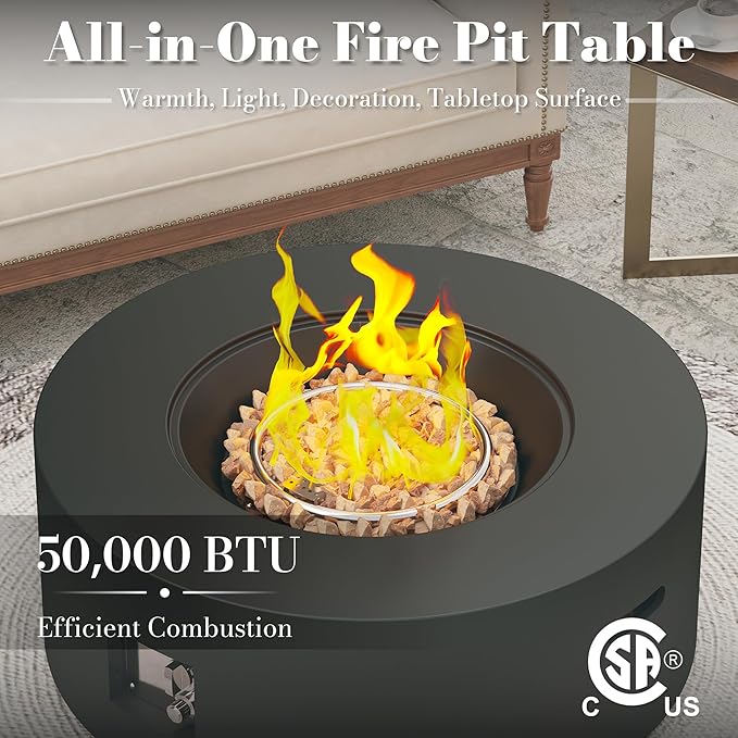 32.5 Inch Propane Fire Pit Table 50000 BTU Round Patio Fire Pit Table Outdoor CSA Certified Stainless Burner with Steel Lid Waterproof Cover &amp Lava Rocks for Garden Backyard Black
