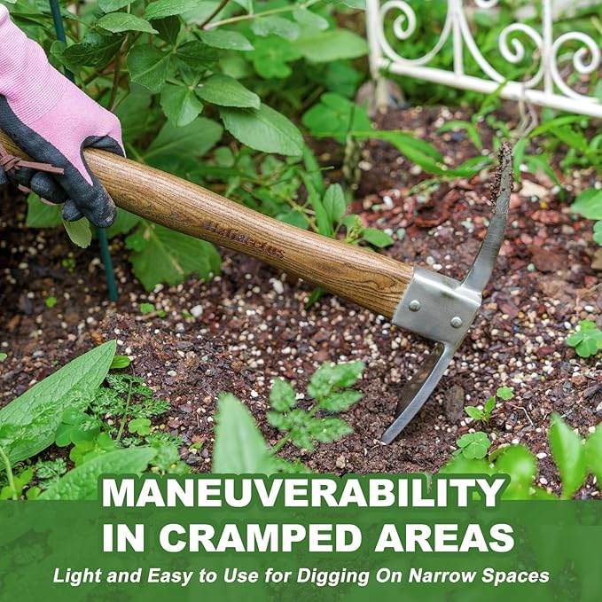 Haliaeetus Pick Axe Stainless Steel Mattock with Sharp Pick and Cutting Edge for Breaking up Heavy Clay Soil and Removal of Difficult Weeds Garden Pick with Wood Handle for Digging Loosening Soil