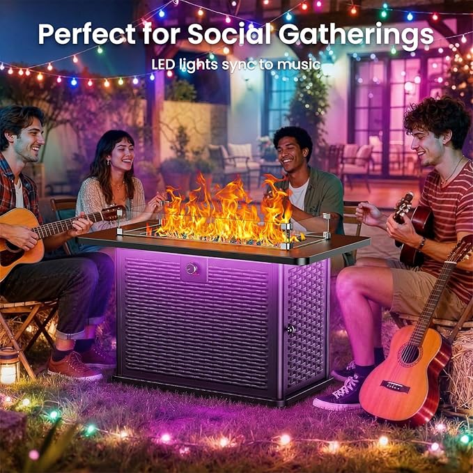 Ciays 43 Rectangular Propane Fire Pit with RGB Lighting Strip – 60000 BTU Gas Fire Pit Table Glass Stones Wind Guard Adjustable Flame Outdoor Fire Pit for Patio &amp Garden Black