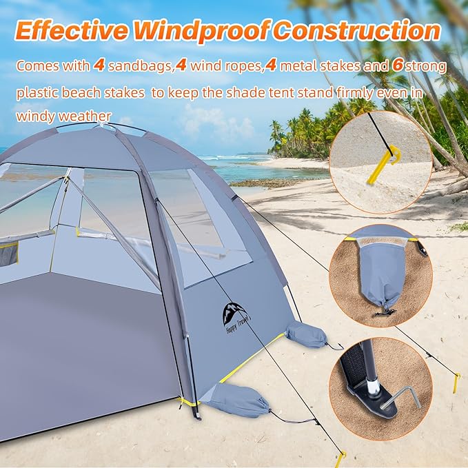 Happy Travel Beach Tent Sun Shelter for 3/4/5/6/7/8 Person Portable UPF 50+ UV Protection Beach Shade Canopy for Family &amp Baby Lightweight &amp Easy Setup Beach Cabana with 3 Ventilation Mesh W