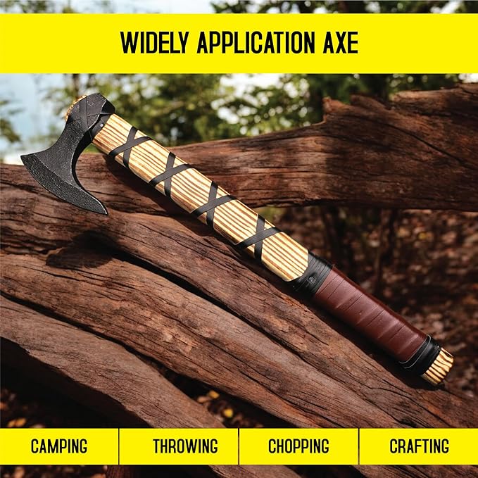 Viking Axe of Ragnar Lothbrook Carbon Steel Blade Rosewood Handle Camping Axe Viking Axes Hatchet Real Tomahawk Gift Wood Splitting Axe Birthday Gift with Premium Leather Sheath