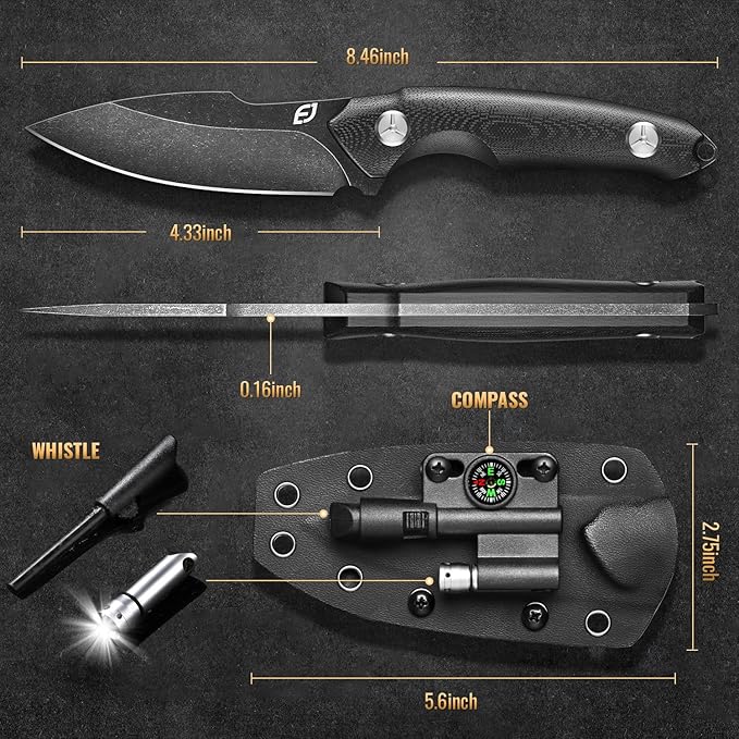 Emojoy Fixed Blade Knife with Sheath Black Stonewash Blade 4.33 Camping Knife with G10 Handle &amp Hidden Tool Full Tang Survival Knife for Camping Bushcraft - Includes Compass Whistle and Sheat