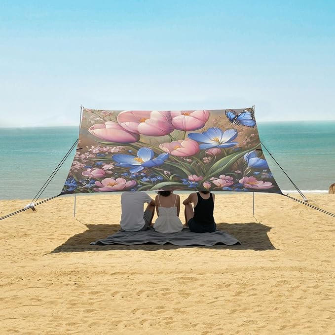 ALAZA Pink Tulip Flowers Blue Butterflies Beach Tent Sun Shelter Portable Canopy Sunshade for Outdoor Camping Picnics Backyard Fun 10x9 ft