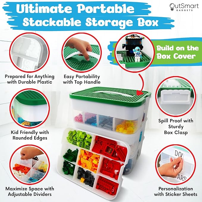 Stackable Toy Storage Organizer Bin for Lego Building Bricks Dolls and Crafts Organization Build on the Lid 3 Layer Adjustable Compartments Includes ABC Stickers and 2 Box Lids