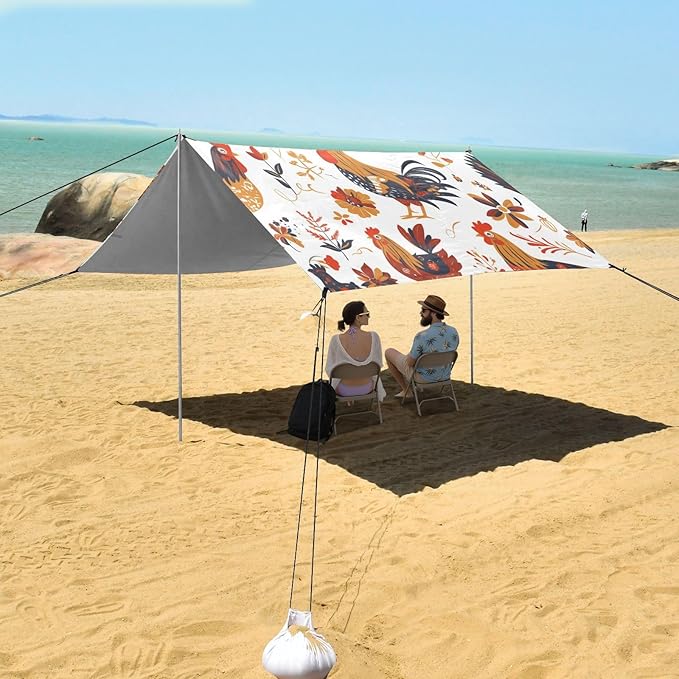 Rooster Rustic Country Chicken Farmhouse Mexicana Foldable Beach Tent UPF50 Easy Setup Portable Sun Shelter with Sand Shovel Sandbags for Camping Picnics Backyard &amp Fishing