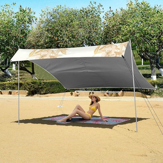 Beach Canopy with Windproof Ropes &amp Sandbags Beach Tent Sun Shade Sun Shelter for Camping Trips Fishing Backyard Fun or Picnics Flowers