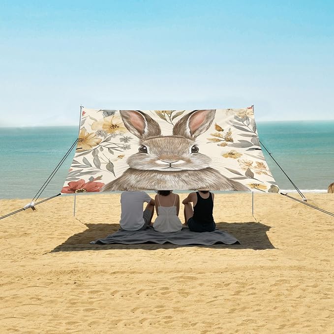 ALAZA Happy Easter Easter Bunny Floral Hand Painted Beach Tent Sun Shelter Portable Canopy Sunshade for Outdoor Camping Picnics Backyard Fun 10x9 ft