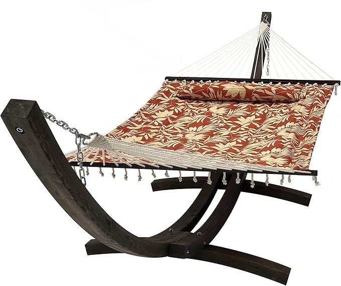 14 Ft. Wooden Arc Hammock Stand + Deluxe Quilted Double Padded Hammock Bed w/Pillow. 2 Person Bed. 450 LB Capacity(Coffee Stain/Elegant Floral)