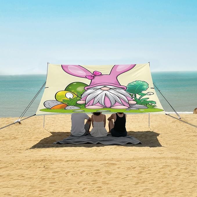 Spring Easter Gnome Beach Tent Sun Shelter Set UPF50+ UV Protection 10.5 x 9.19 FT Camping Shade Canopy with Sandbags Sand Anchors Carrying Bag and Others