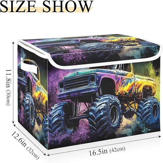 Watercolor Monster Truck Storage Cube Bins Basket with Lid Collapsible Flip-top Fabric with Handle for Home Bedroom Closet Office 16.5×12.6×11.8 in