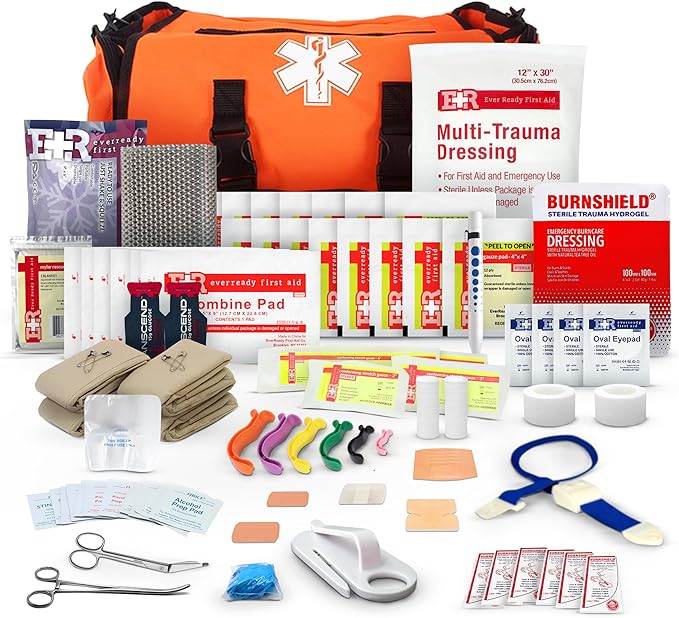 First Responder Trauma First Aid Kit Bag – Fully Stocked Emergency Medical Kit for Workplace Vehicle &amp Home – OSHA &amp ANSI Compliant – Portable – Orange