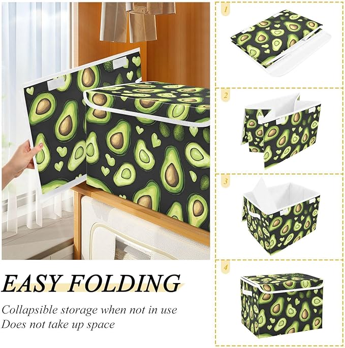Collapsible Storage Bins with Lids Decorative Fabric Storage Cubes Closet Organizer and Storage Basket Boxes Containers for Clothes Box Chest Nursery Folding Rectangle Black Avocados Love