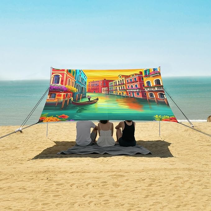 Beach Canopy with Windproof Ropes &amp Sandbags Beach Tent Sun Shade Sun Shelter for Camping Trips Fishing Backyard Fun or Picnics Venetian Pattern