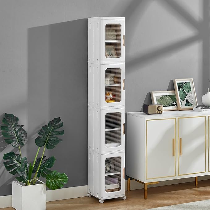 65 Narrow Tall Plastic Foldable Storage Bins 4 Tier Stackable Container Organizer Set with Window Wheels White Rolling Stacking