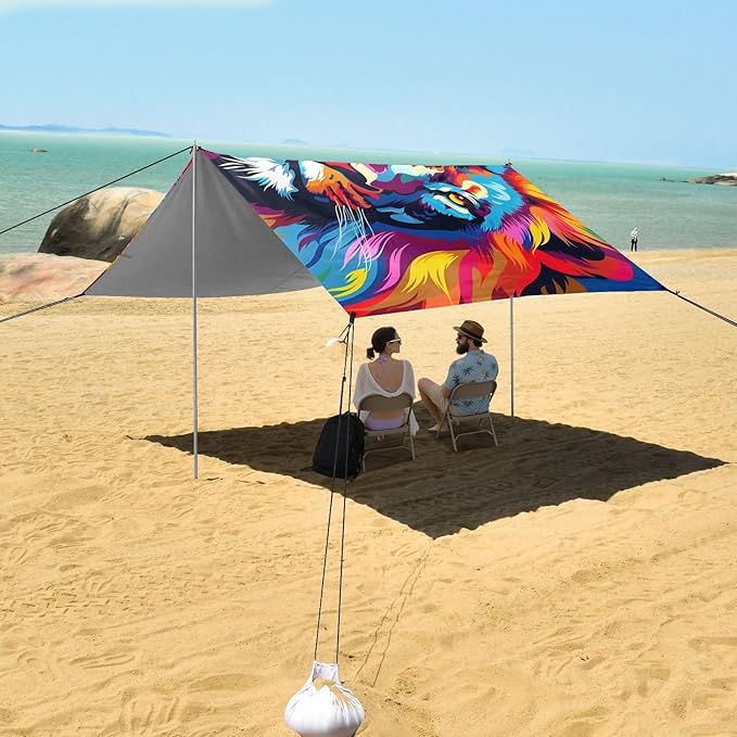 ALAZA Lion Colorful Art Animal Beach Tent Sun Shelter UPF50+ Protection Beach Shade Canopy w/ 4 Sandbags for Outdoor Camping Fishing Backyard Fun Picnic 10x9 ft