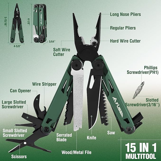 FLISSA Multitool 15-in-1 Multi Tool Pocket Knife with Sheath Stainless Steel EDC Multitool Pliers for Men All-in-One Tools for Camping Fishing Survival – Ideal Christmas Gift for Man