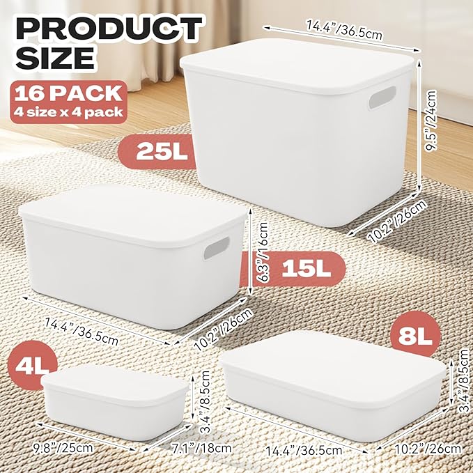 16 Pack Plastic Storage Bins with Lids Stackable Classroom Organization Bins 4 Size Combination Craft Organizers for Home Office Organize Craft Shoes Tools Snacks(White)
