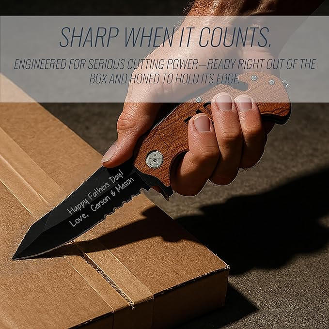Craft &amp Clan Personalized Pocket Knife for Men with Clip | Laser Engraved Dad Design Folding Utility Knife Tactical Switchblade for Camping Hunting Rescue | Custom Birthday Gift for Daddy Husb