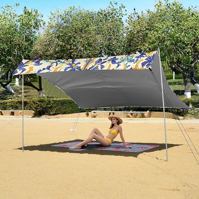 V Foldable Beach Cabana UPF50 Lightweight Large Portable Sun Shelter with Sand Shovel Sandbags for Backyard and Camping