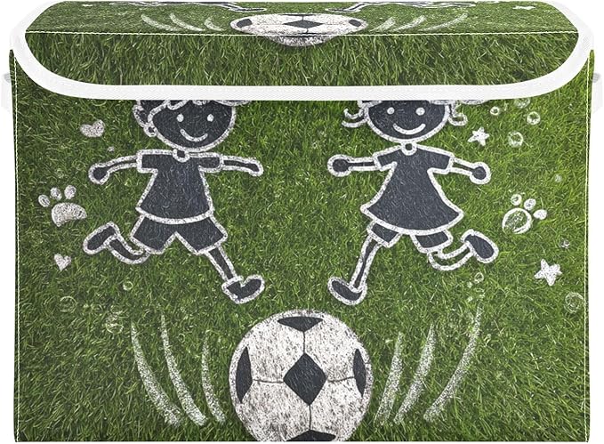 Green Kids Soccer Grass Star Storage Box with Lid 1 PC Foldable Storage Bin with Lids Stackable Storage Bins Cube Closet Organizer Basket with Flip-Top Lid &amp Handles for Shoes Books Towels