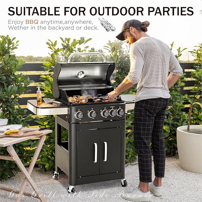 Sophia &amp William 4-Burner Gas BBQ Grill with Side Burner &amp Porcelain-Enameled Cast Iron Grates Outdoor Cooking Propane Grills Cabinet Style Garden Barbecue Grill 46700BTU Black