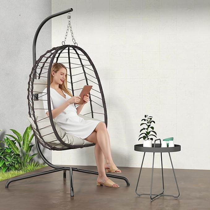 LEX CRAFT Hanging Egg Chair with Stand Swinging Egg Chair Outdoor Indoor Hanging Basket Chair with Cushion Patio Wicker Hammock Chair 350lbs Capacity for Porch Balcony Backyard Garden (Beige)