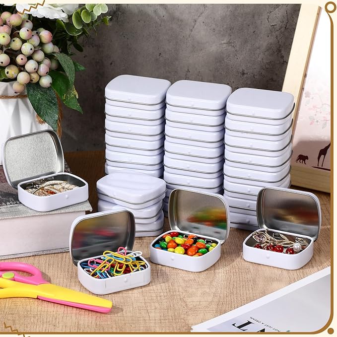 100 Pcs Metal Hinged Tin Box Rectangular Small Tin Container with Lid Mini Portable Tinplate Storage Box for Drawing Pin Candies Jewelry Crafts Button Pill 2.4 x 1.8 x 0.6 Inch(White)