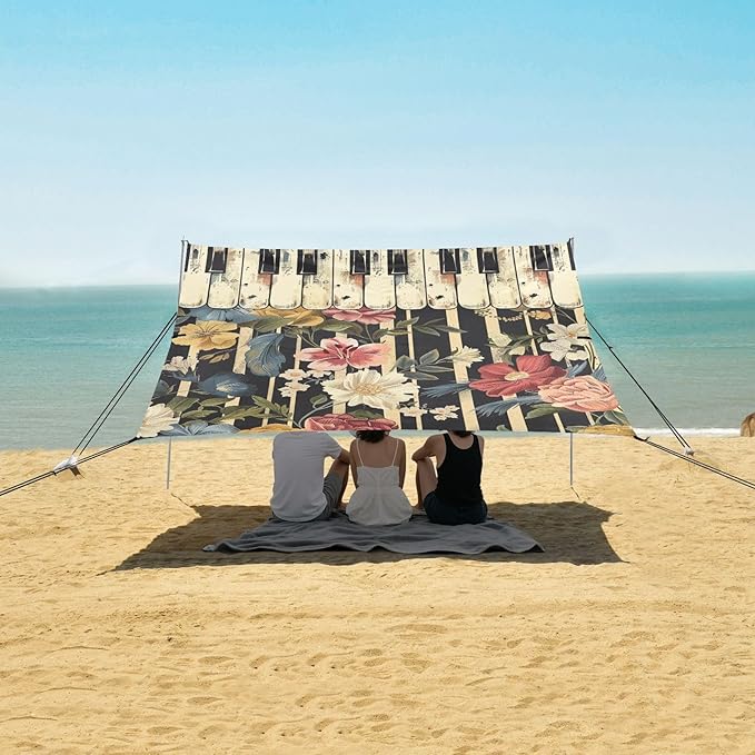 ALAZA Piano Keys Vintage Flowers Beach Tent Sun Shelter Portable Canopy Sunshade for Outdoor Camping Picnics Backyard Fun 10x9 ft