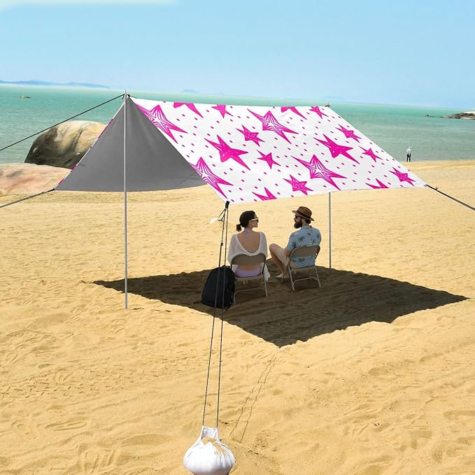 xigua Stars Beach Tent Sun Shelter with Carrying Bag - Silver Coated Oxford Fabric Beach Canopy for Beach Camping Fishing - Includes Windproof Ropes Sandbags &amp Stakes
