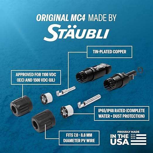 Staubli MC4 PV Solar Panel Cable Connector Pair for 8 AWG - Made in USA (5 Pairs)