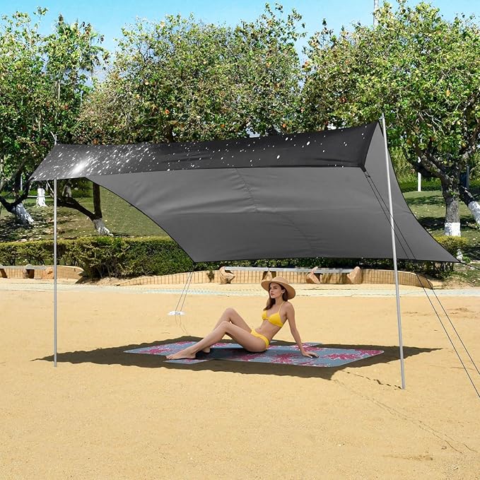 Galaxy Black Beach Tent Sun Shelter Set UPF50+ UV Protection 10.5 x 9.19 FT Camping Shade Canopy with Sandbags Sand Anchors Carrying Bag and Others