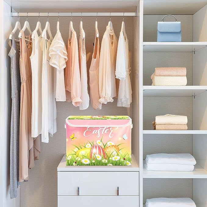 senya Easter Storage Baskets Collapsible Storage Bins with Lids Happy Easter Eggs and Butterfly Storage Boxes Clothes Baskets for Organizing