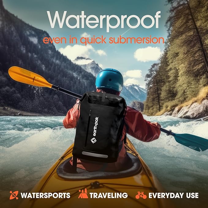 Earth Pak Waterproof Backpack - Heavy Duty Roll-Top Closure with Easy Access Front-Zippered Pocket and Cushioned Padded Back Panel for Comfort with IPX8 Waterproof Phone Case