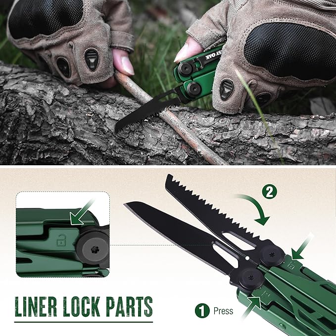 MOSSY OAK CNC-Machined Multitool Pliers 27-in-1 Multi Tool with Pocket Knife Fire Starter &amp Whistle Bottle Opener Screwdriver – Self-Locking Survival Tool for Camping &amp Hiking